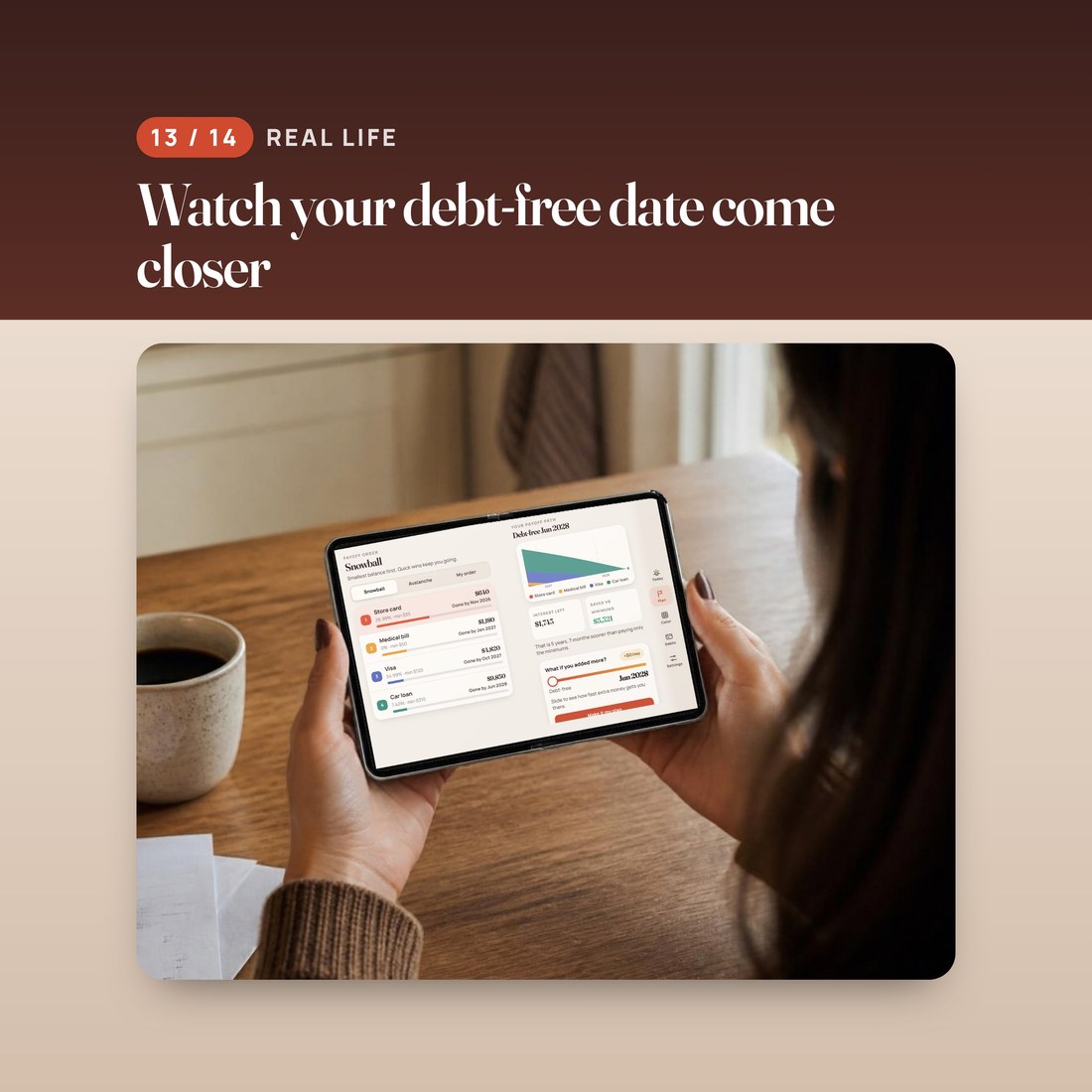 A person at a kitchen table holding an open foldable phone that shows the debt payoff plan. AI-generated scene; the app screen is real.