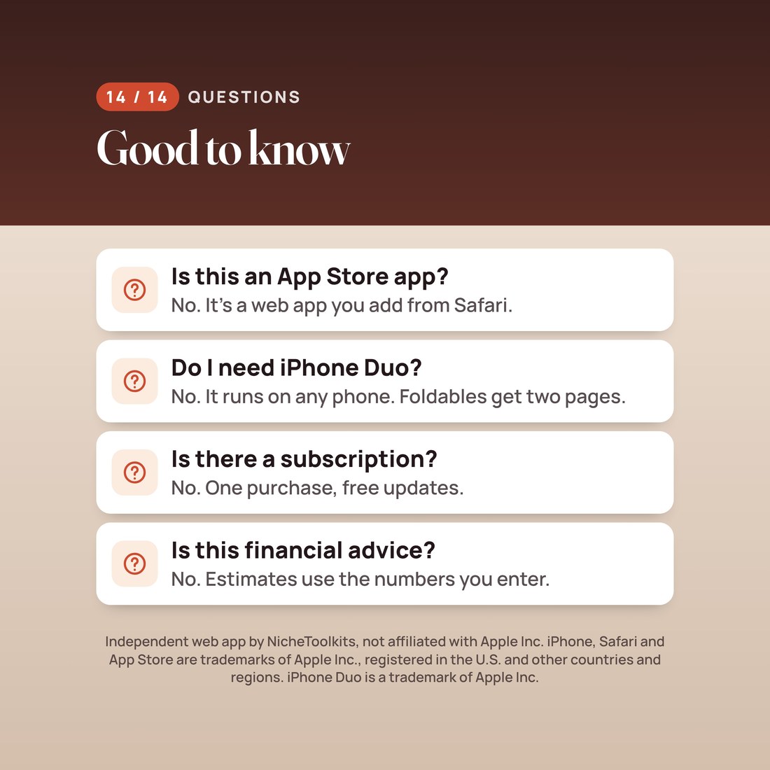 Questions: not an App Store app, it is a web app you add from Safari. Runs on any phone; foldables get two pages. No subscription. Not financial advice.