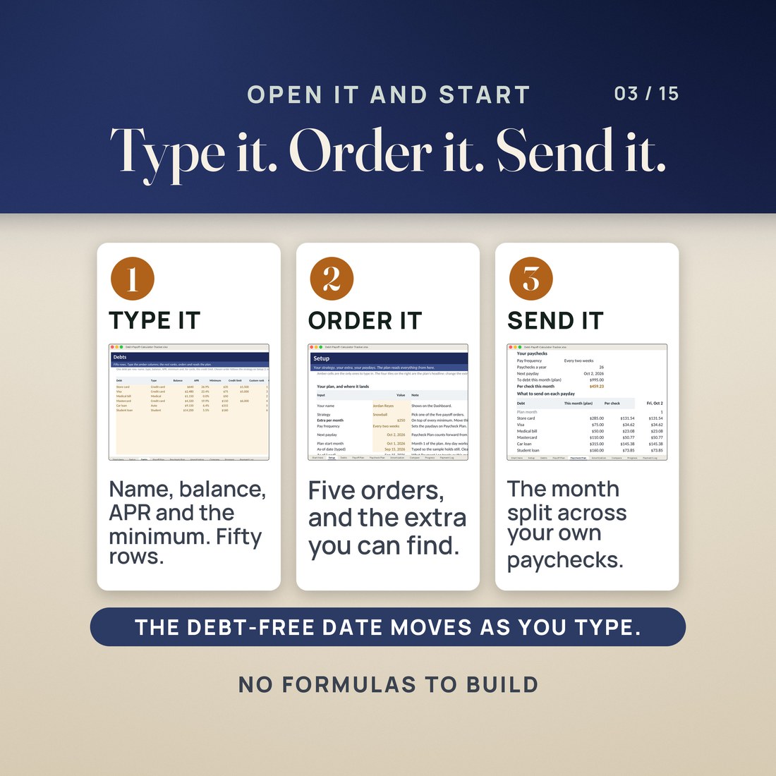 Three steps: type your debts, pick an order, work the paycheck plan.