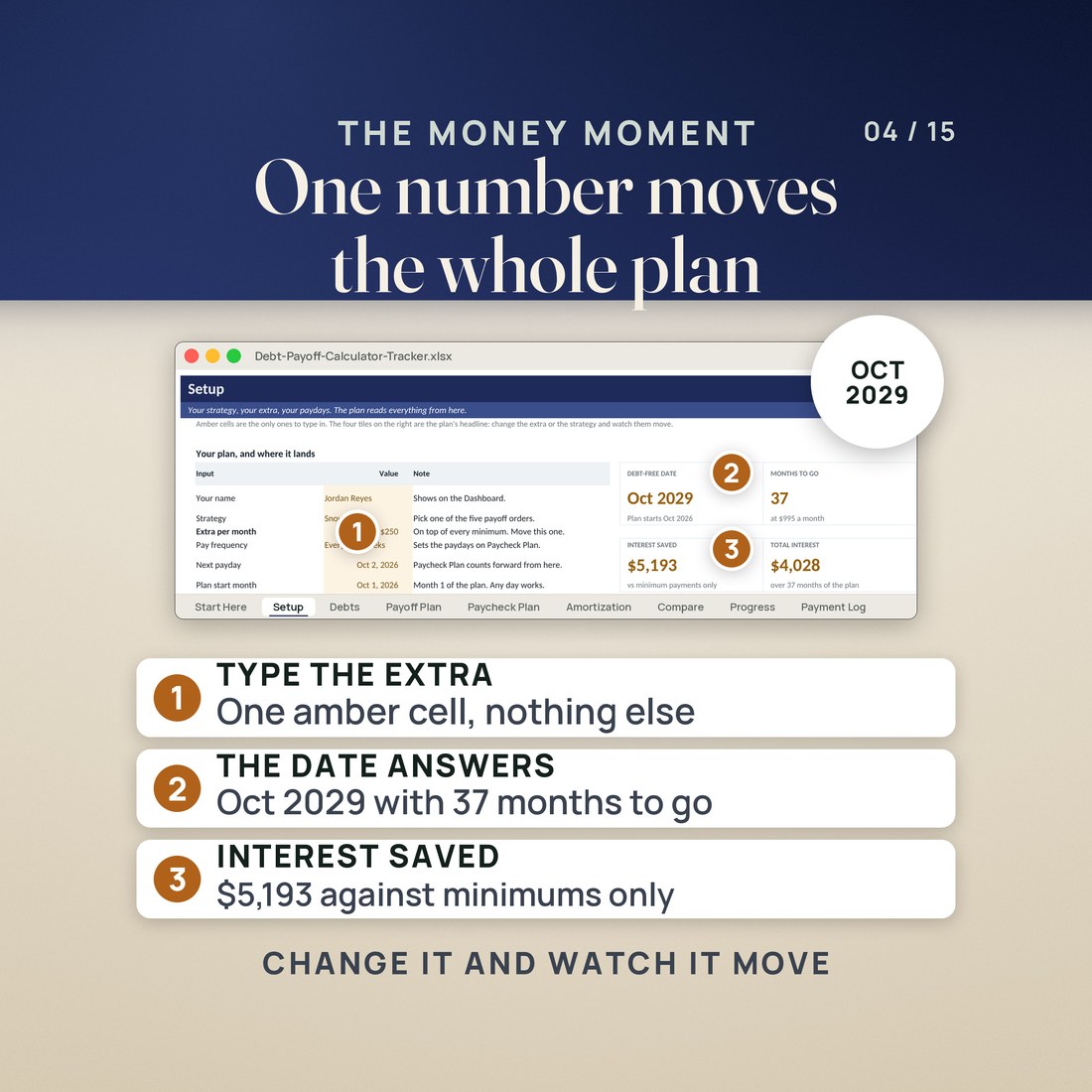 The Setup screen, with the amber extra per month at $250 beside the DEBT-FREE DATE and INTEREST SAVED tiles.
