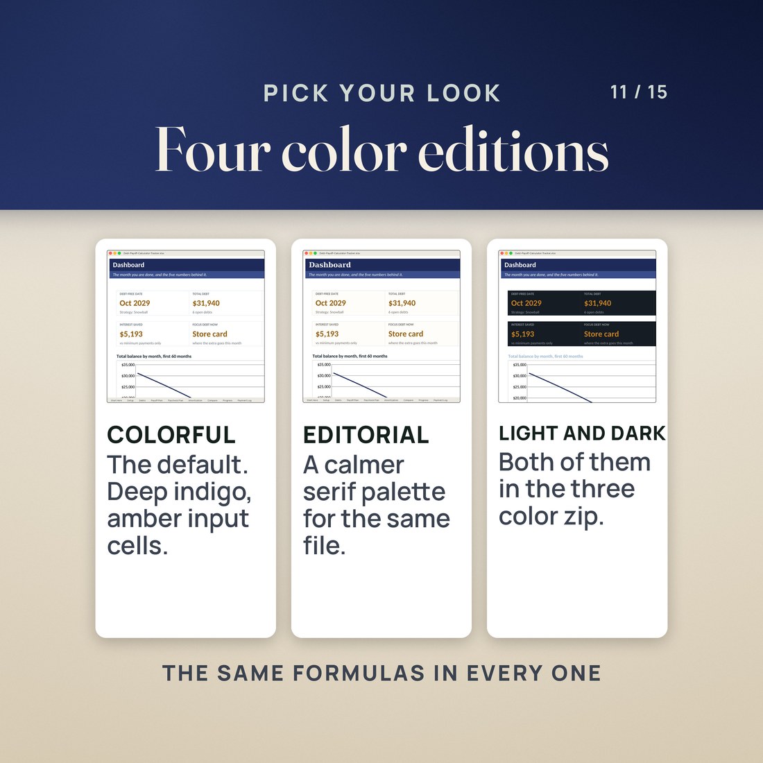 The same workbook in four colorways: Colorful, Editorial, Light and Dark.