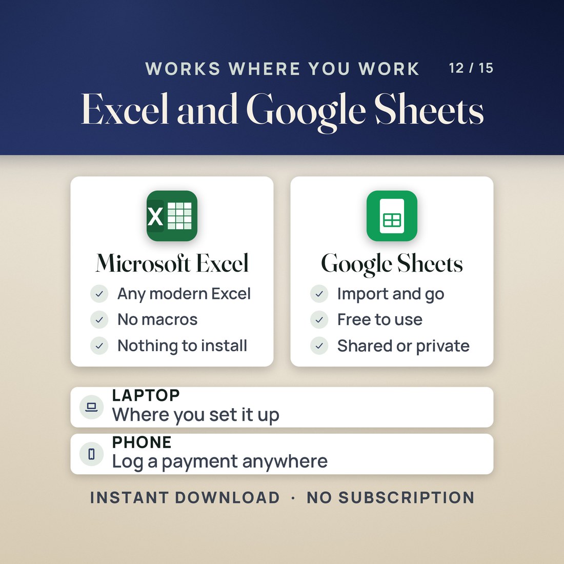 The workbook open in Excel and again in Google Sheets, on a laptop and a phone.