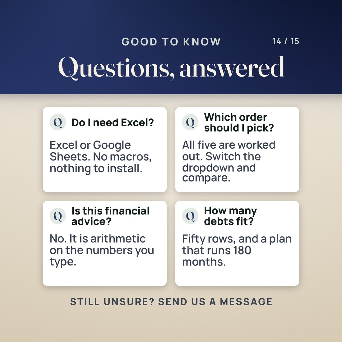 Questions answered about the format, Excel and Sheets, what it computes and whether it is advice.