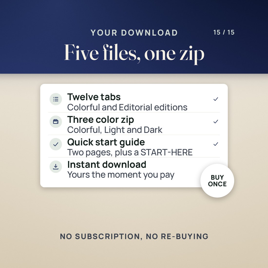 A receipt-style summary: six files, one zip, instant download.