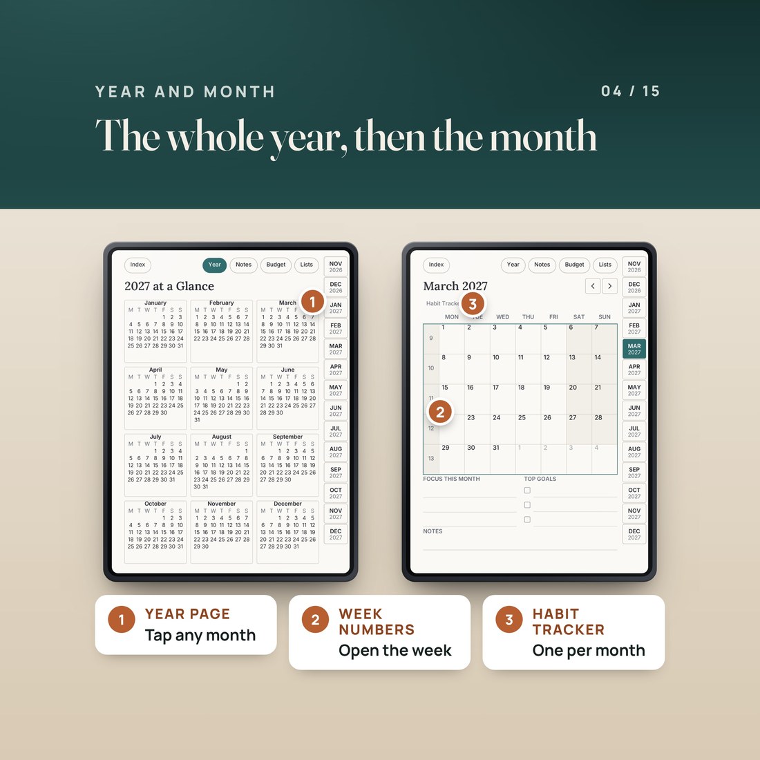 The 2027 at a Glance page, where each month links to its month page, beside the March 2027 month page with linked week numbers, a habit tracker link, focus, top goals and notes.