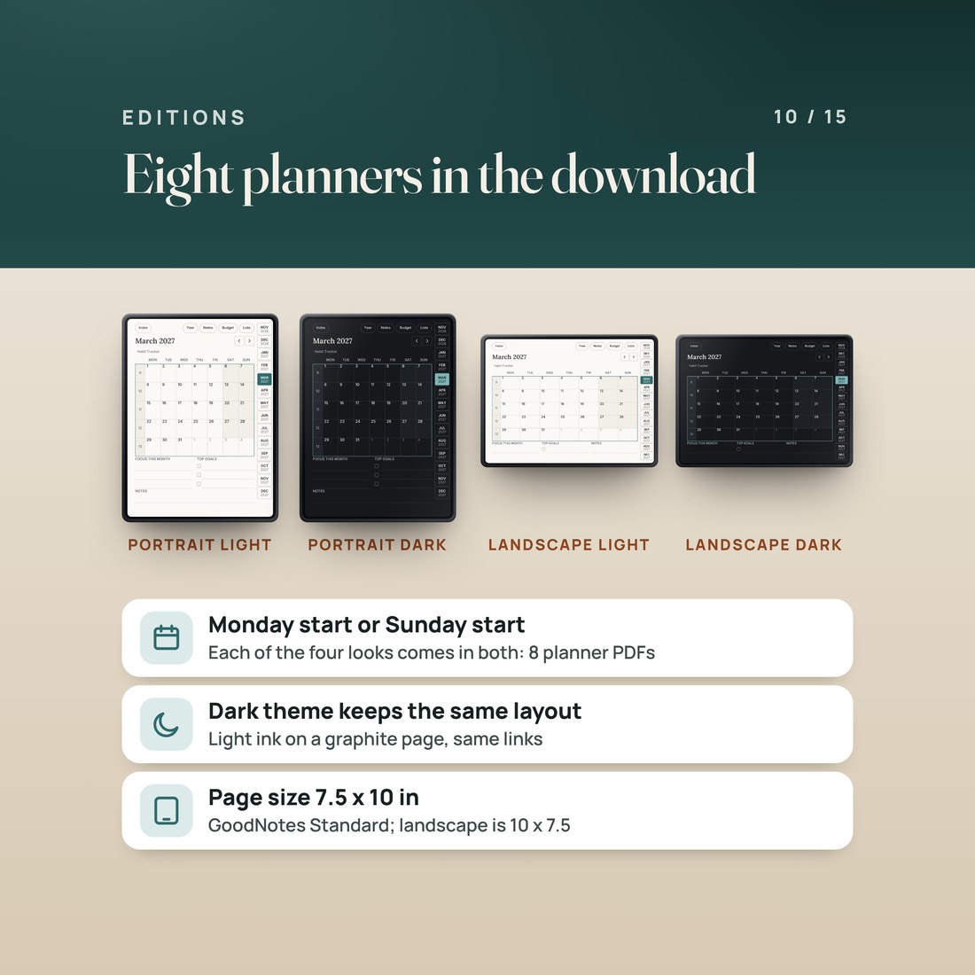 The four looks on tablets: portrait light, portrait dark, landscape light and landscape dark, each in Monday and Sunday start for 8 planner PDFs. Page size 7.5 x 10 in, Goodnotes Standard.