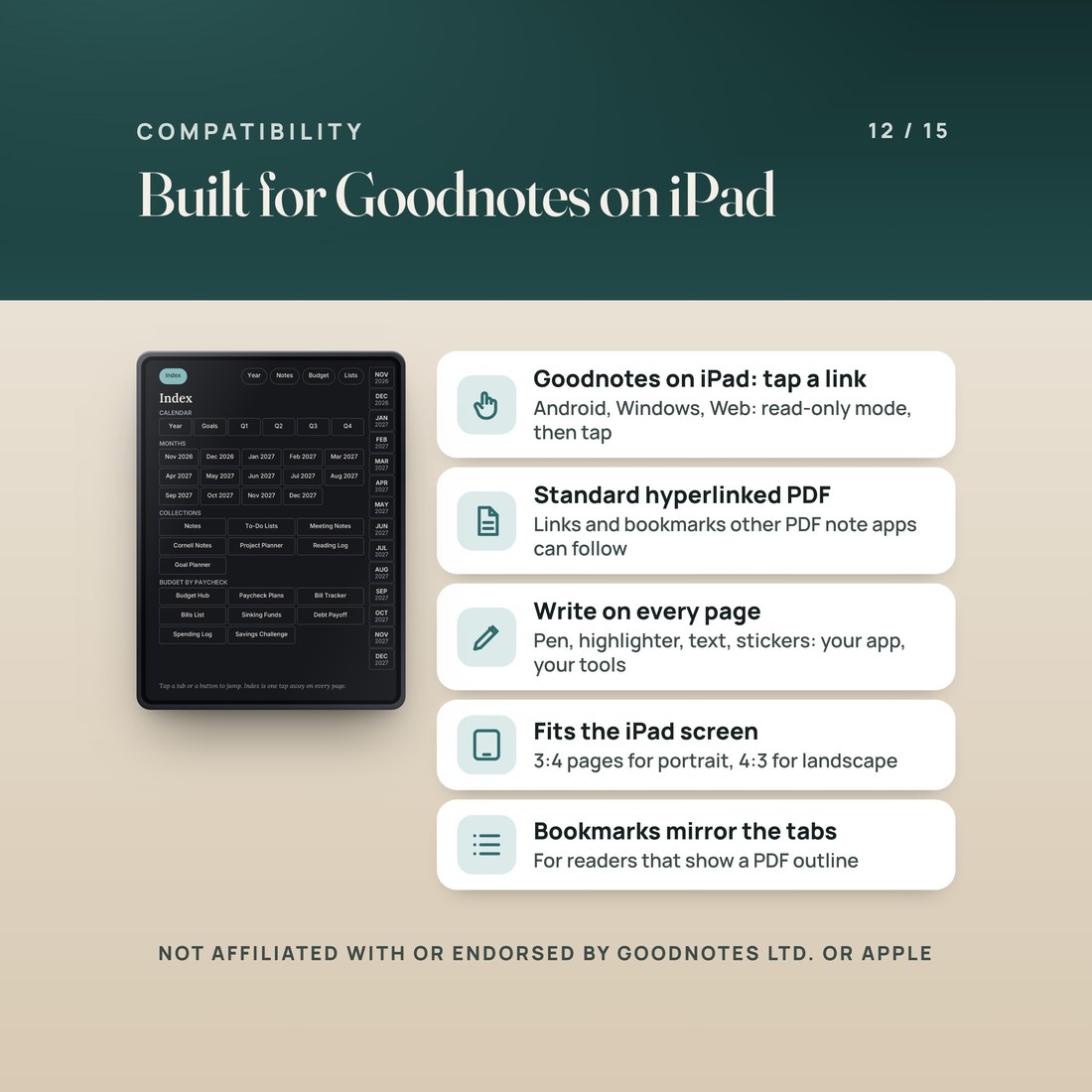 Compatibility: built for Goodnotes on iPad, where links open on tap; read-only mode on Android, Windows and Web. A standard hyperlinked PDF with bookmarks that other PDF note apps can follow. Write on every page.