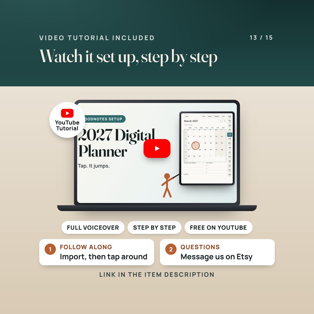 Video tutorial included: a narrated YouTube walkthrough of the real planner shows the import into Goodnotes, the tap path from Index to a day, and the Budget by Paycheck pages. The link is in the item description.