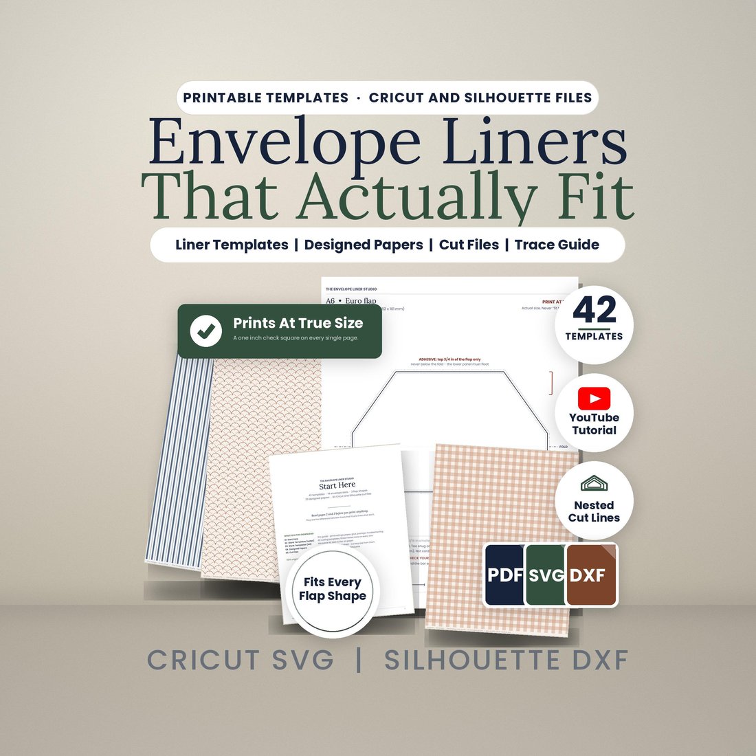 Cover graphic for the Envelope Liner Studio on a cream ground. Serif headline reads 'Envelope liners that actually fit', with a pill beneath stating three nested cut lines on every template. Stat blocks read 42 templates, 14 sizes, 3 flap shapes, 84 cut files, plus tags for PDF, SVG, DXF, Letter and A4. Printed pages fan out at right: an A7 square flap template sheet, a Start Here guide page, and two designed papers in stripe and lattice. Footer: instant download, print at home.