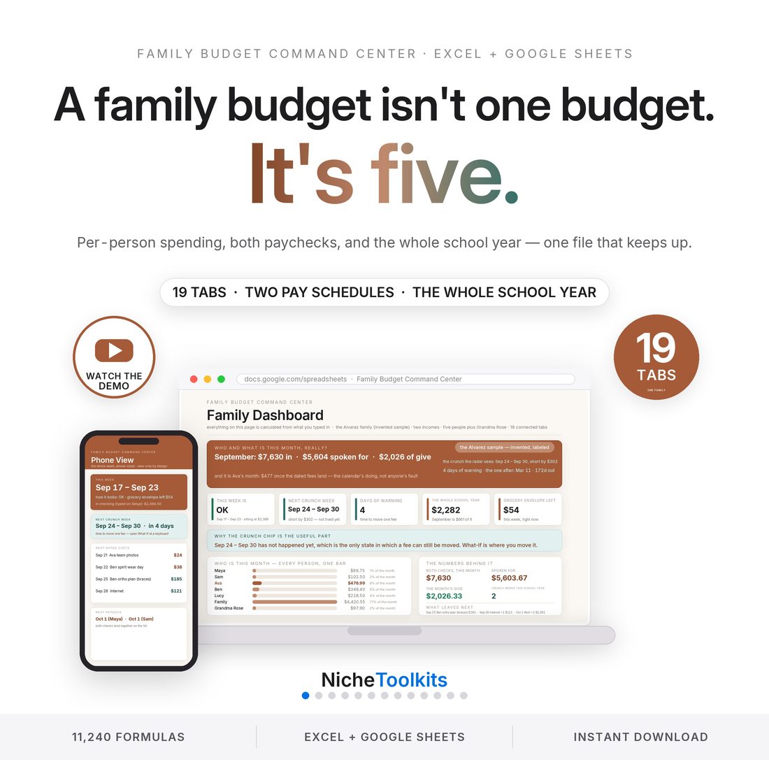 Family Budget Command Center — a family budget isn't one budget, it's five: both paychecks, every kid and the whole school year in one file.