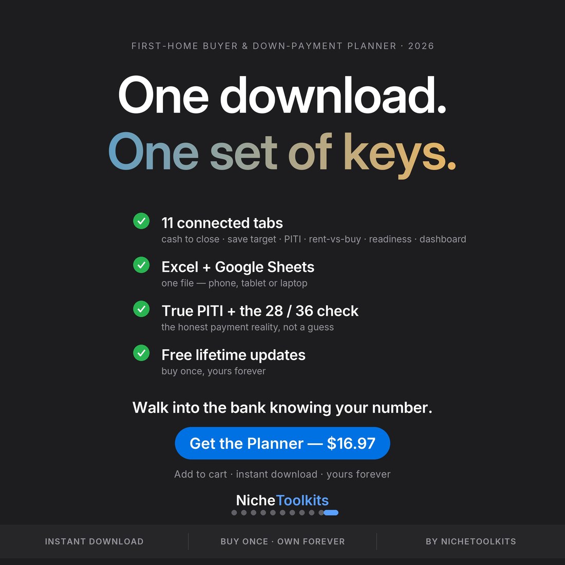One download, one set of keys — first-home buyer and down-payment savings planner, 11 connected tabs, Excel and Google Sheets, true PITI and the 28/36 check, free lifetime updates, $16.97.