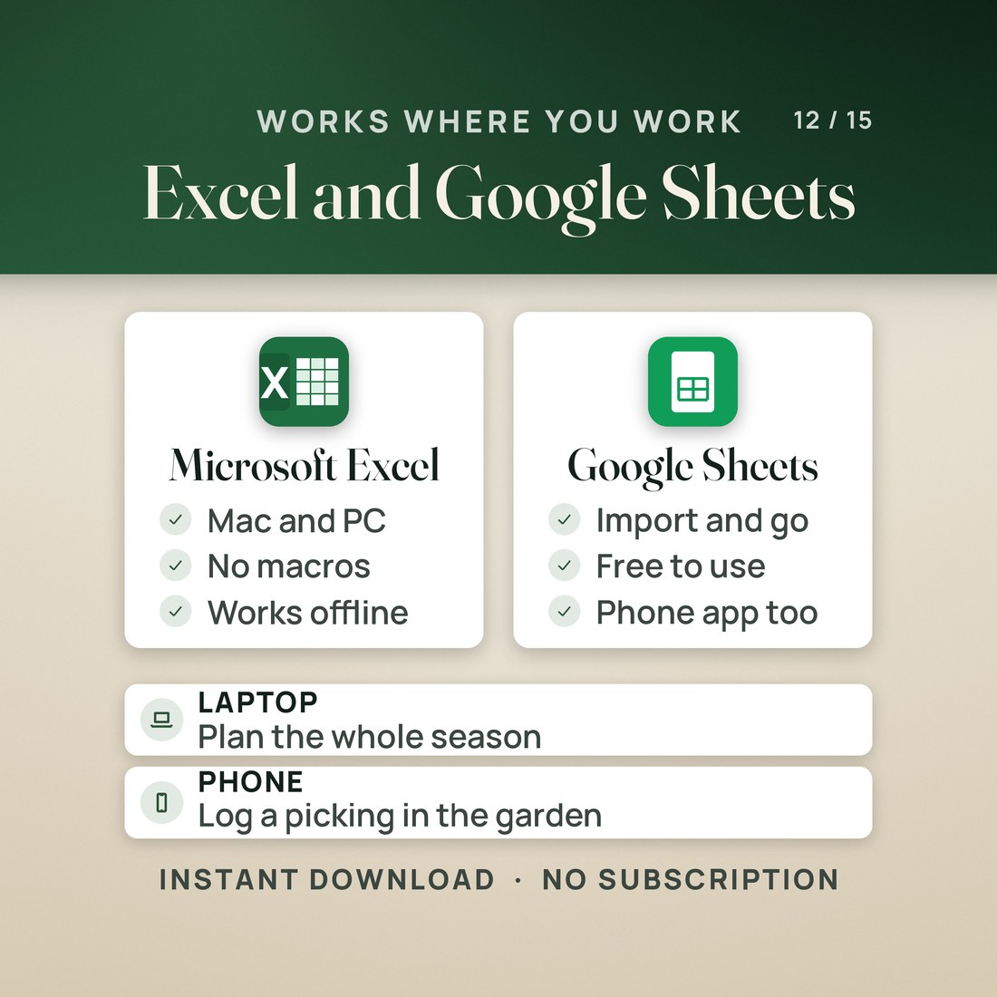 Works in Excel and Google Sheets. The Excel card lists Mac and PC, no macros and works offline. The Google Sheets card lists import and go, free to use and phone app too.