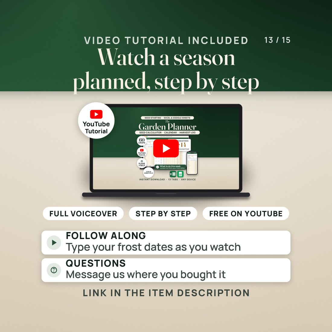 Video tutorial included: a laptop shows the tutorial's thumbnail with a play button, beside a YouTube Tutorial seal and pills reading Full voiceover, Step by step and Free on YouTube.