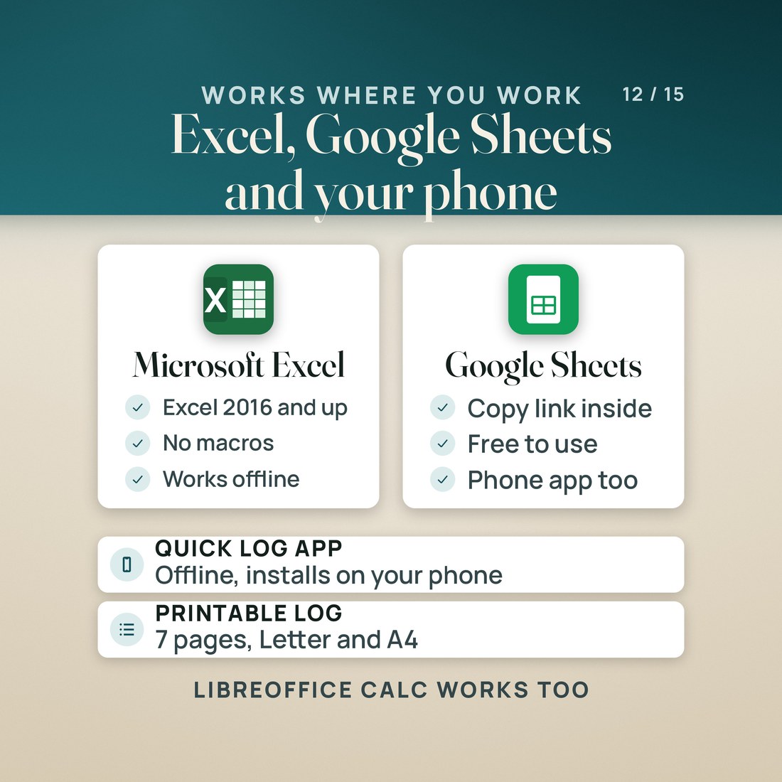 Works where you work: Excel 2016 and up with no macros, Google Sheets from the copy link in the download, and LibreOffice Calc. The Quick Log app works offline on your phone, and the printable log has 7 pages on Letter and A4.