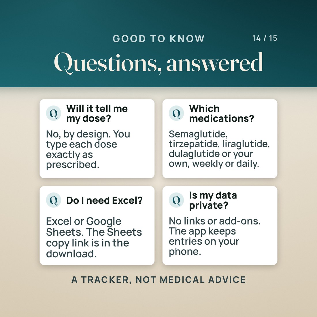 Four questions answered: it never tells you a dose; it works with semaglutide, tirzepatide, liraglutide, dulaglutide or your own, weekly or daily; it opens in Excel or Google Sheets; the app keeps entries on your phone. Not medical advice.
