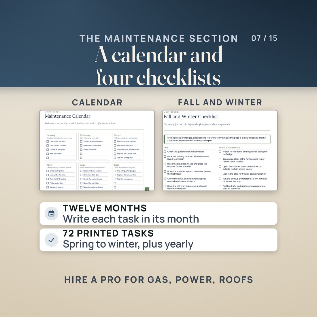 Two binder pages: the Maintenance Calendar with a box for each month and printed suggestions, and the Fall and Winter Checklist with a reminder to hire a licensed pro for gas, electrical and roof work. The checklists hold 72 printed tasks.