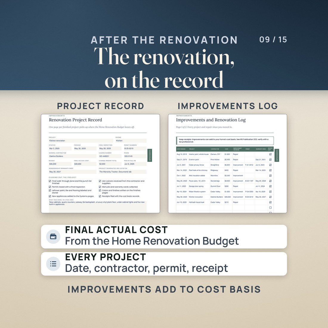 Two filled binder pages: the Renovation Project Record for a sample kitchen renovation (budget $46,000, final cost $48,650, permit and warranty dates) and the Improvements and Renovation Log with date, contractor, cost and permit.