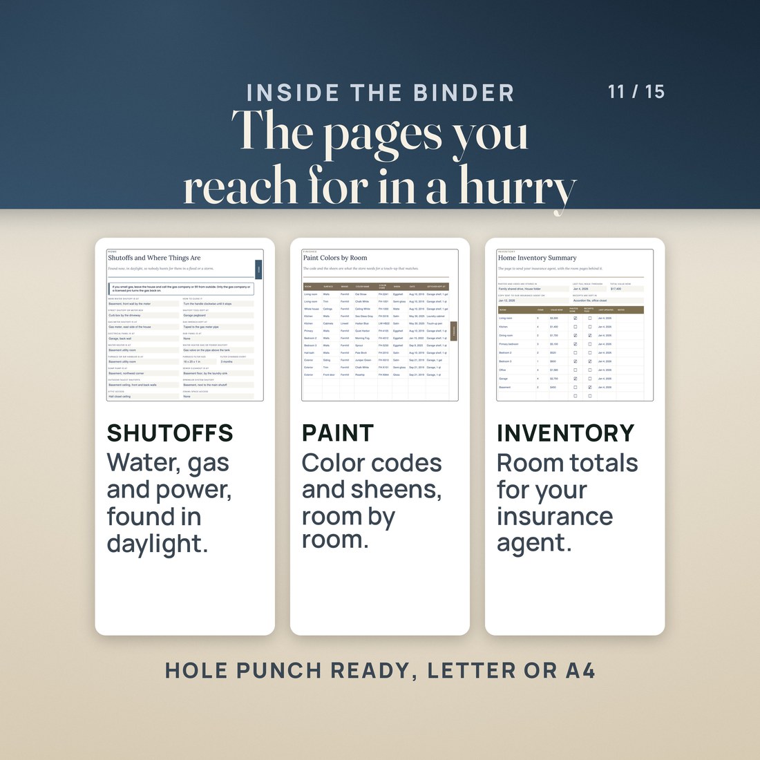 Three more binder pages: Shutoffs and Where Things Are, filled with where the water, gas and electrical shutoffs are; Paint Colors by Room with brand, color code and sheen; and the Home Inventory Summary with room totals for an insurance agent.