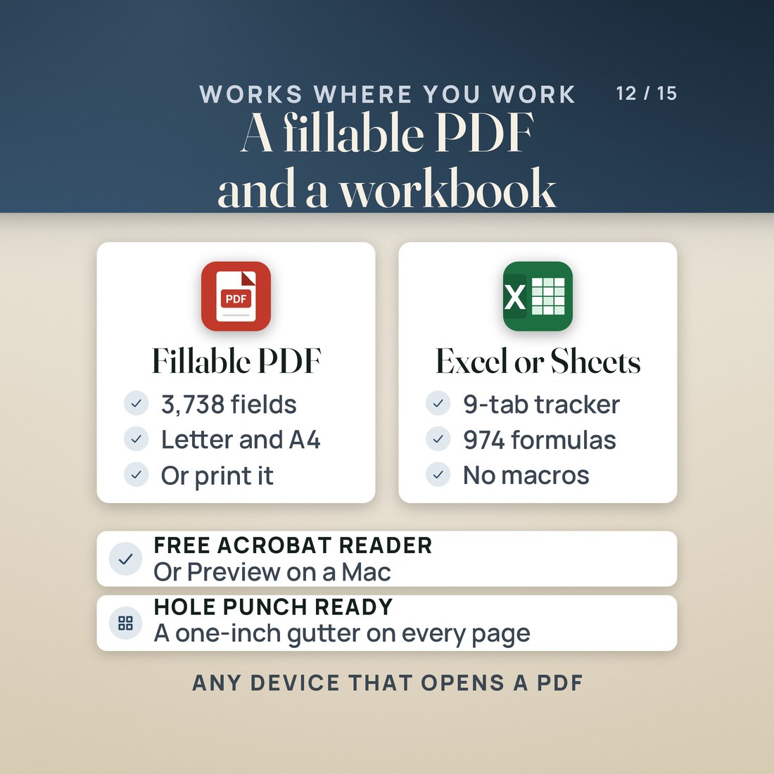 Formats: a fillable PDF with 3,738 fields on Letter and A4 that also prints, and a 9-tab tracker with 974 formulas for Excel or Google Sheets, no macros. Opens in the free Acrobat Reader or Preview. A one-inch gutter for a hole punch.