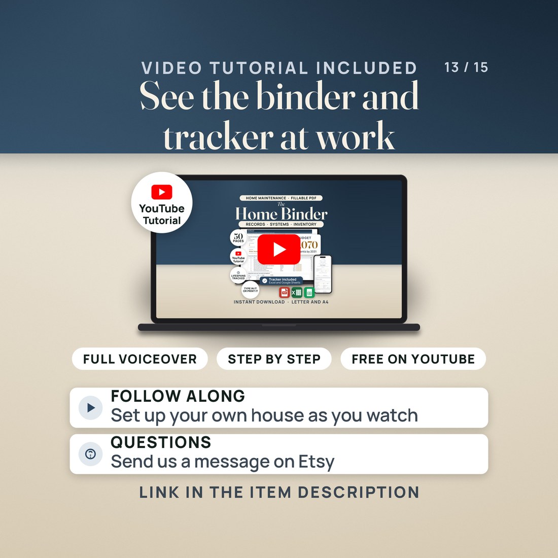A laptop plays the YouTube tutorial for the Home Binder, with labels for full voiceover, step by step and free on YouTube.