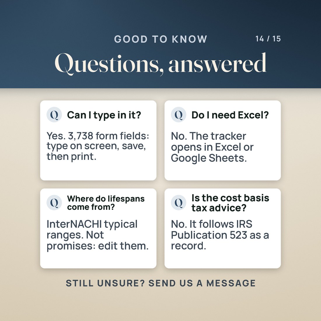 Four questions answered. Can I type in it? Yes, 3,738 form fields. Do I need Excel? No, it opens in Google Sheets too. Where do lifespans come from? Editable InterNACHI ranges. Is the cost basis tax advice? No, a record per IRS Pub 523.