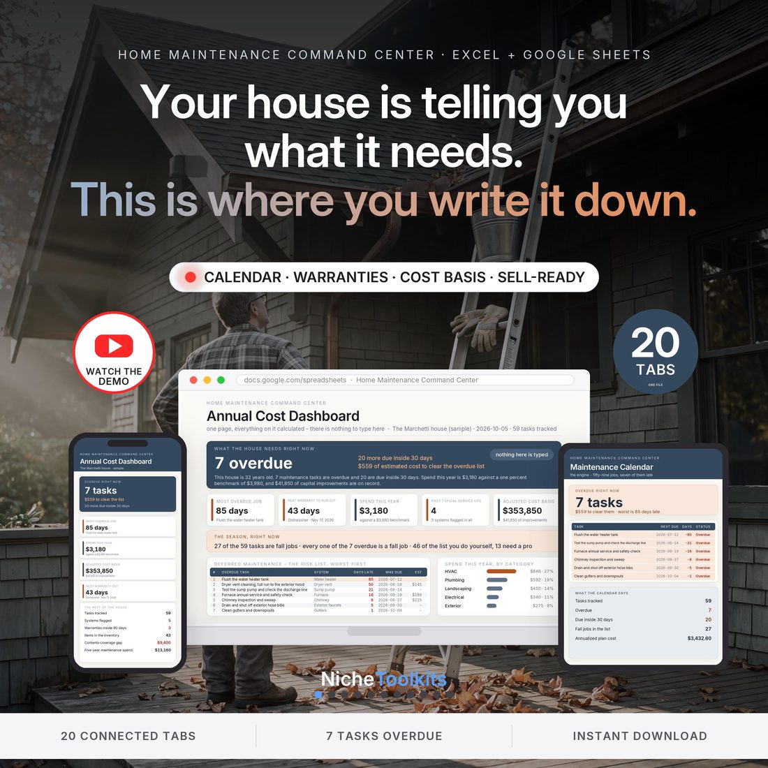 Home Maintenance Command Center — 59 recurring tasks with calculated next-due dates, so the house stops depending on your memory.