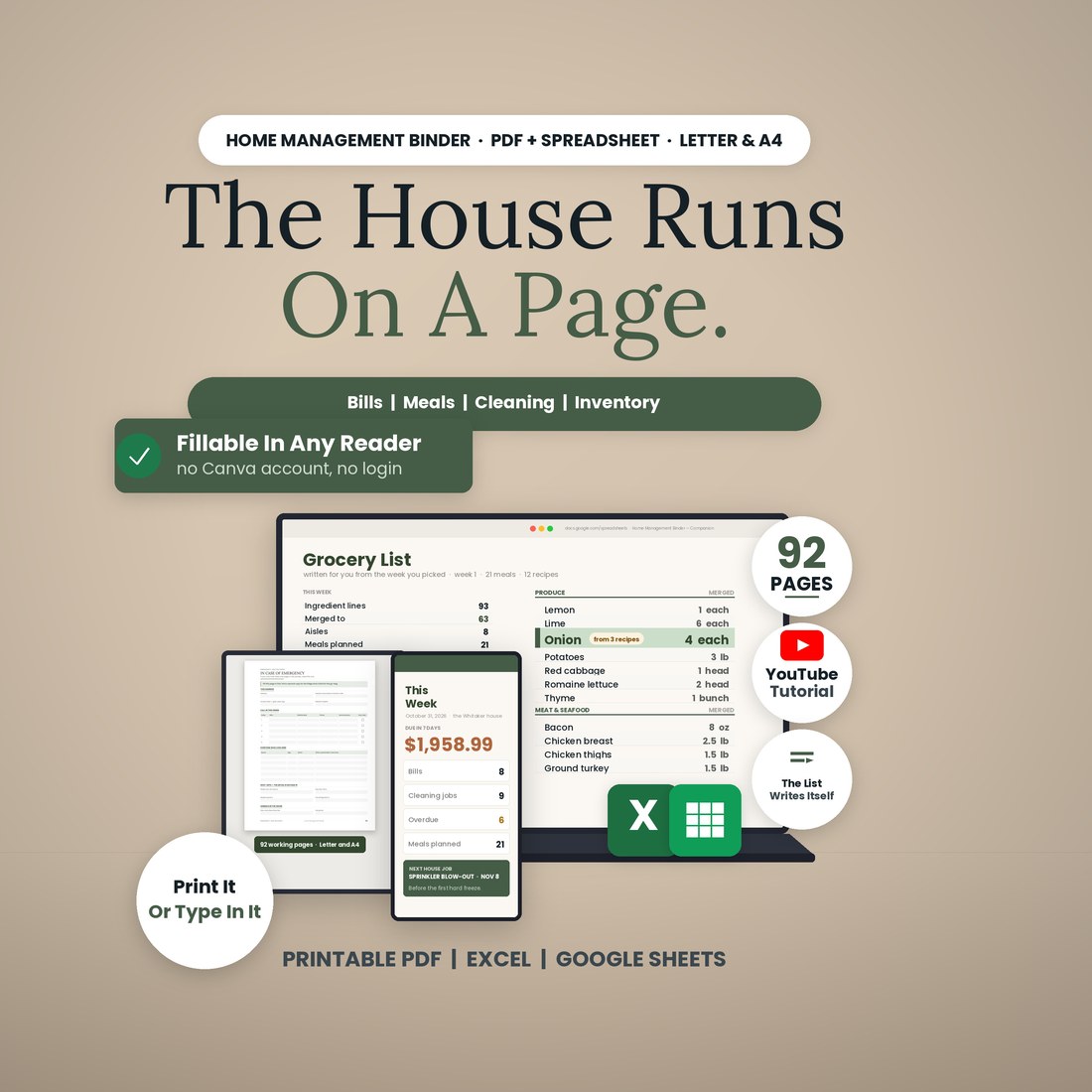 Home Management Binder: the house runs on a page, not in your head. A laptop shows the companion workbook's Grocery List with Onion merged from 3 recipes, a tablet shows a printed binder page, and a phone shows this week. 92 working pages, US Letter and A4.