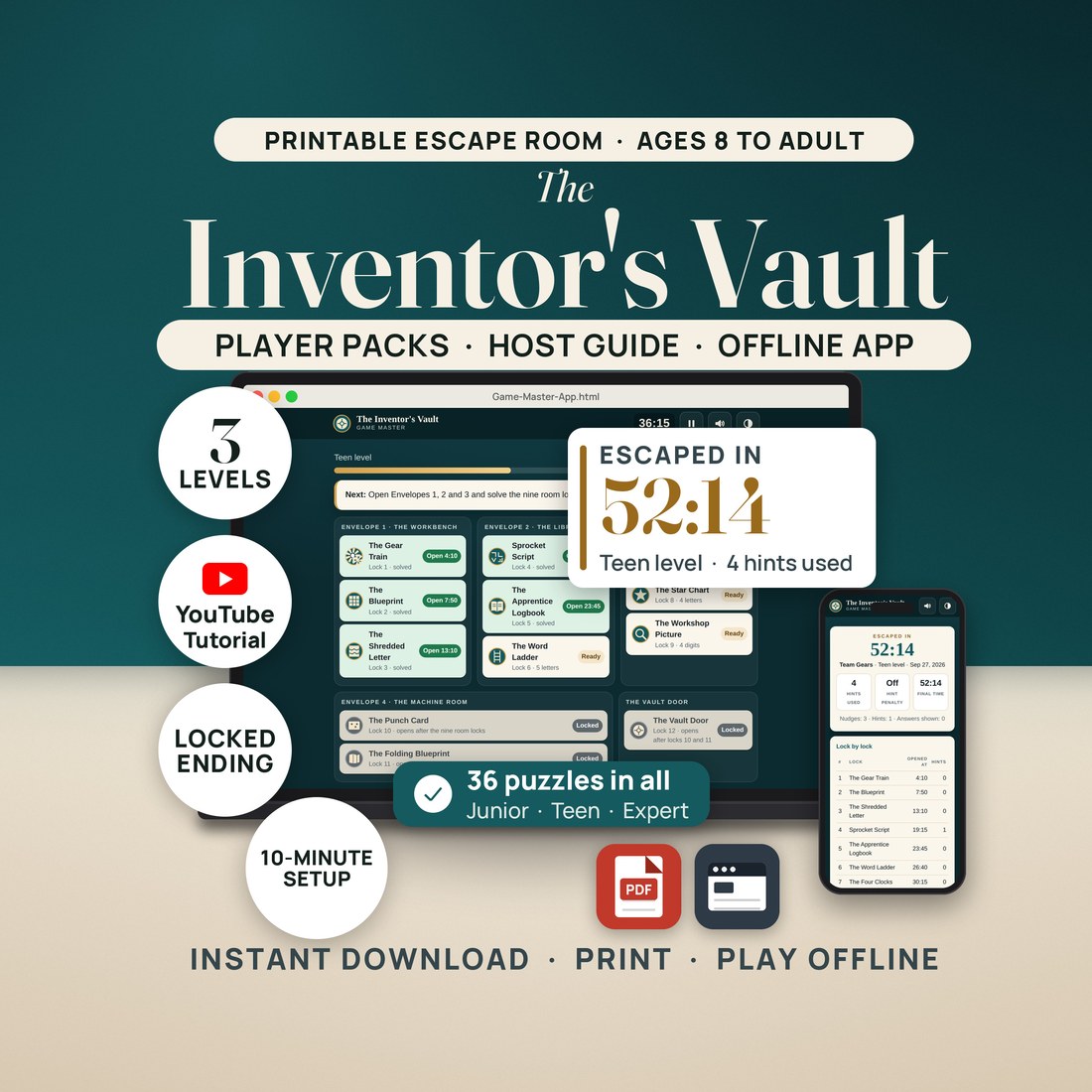 The Inventor's Vault, a printable escape room for ages 8 to adult: a laptop shows the Game Master app map at the Teen level, 5 of 12 locks open, and a phone shows escaped in 52:14 with 4 hints used. 3 levels, 36 puzzles.