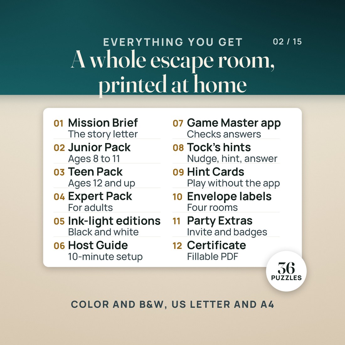 What's inside: the Mission Brief, Junior, Teen and Expert Player Packs, ink-light black and white editions, the Host Guide with a 10-minute setup, the offline Game Master app, Tock's hints, Hint Cards, envelope labels and Party Extras.