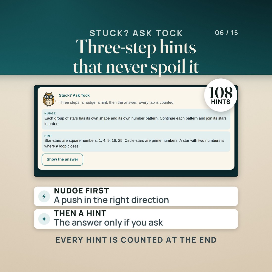Tock the owl's hint panel on a Teen lock: a nudge and a real hint are open, and the answer stays behind a Show the answer button. 108 hints, three for every lock at every level, and every hint is counted on the results screen.