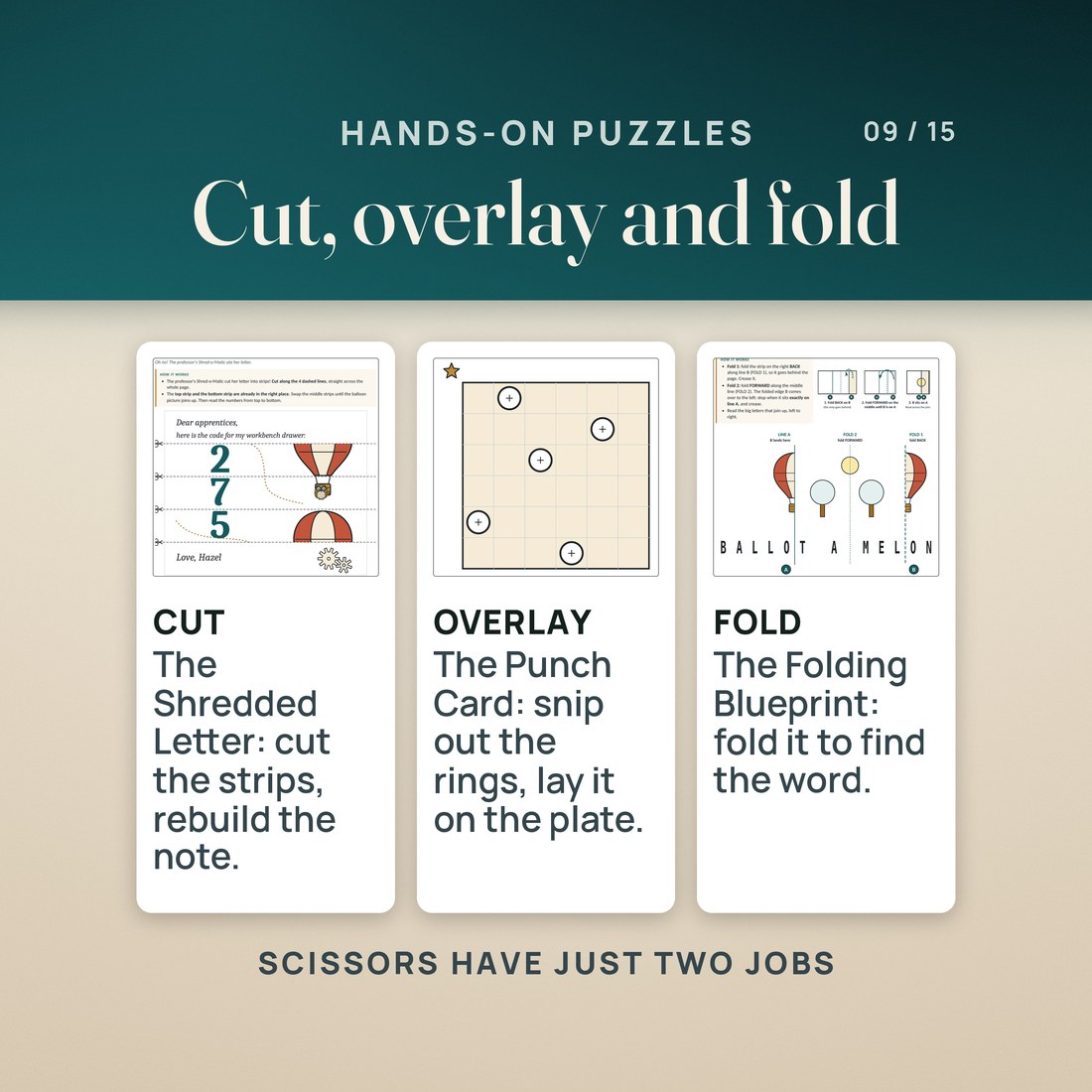 Three hands-on Junior puzzles: the Shredded Letter, cut into strips and rebuilt; the Punch Card, whose small rings are snipped out before it goes on the Card Reader Plate; and the Folding Blueprint. Scissors have just two jobs.