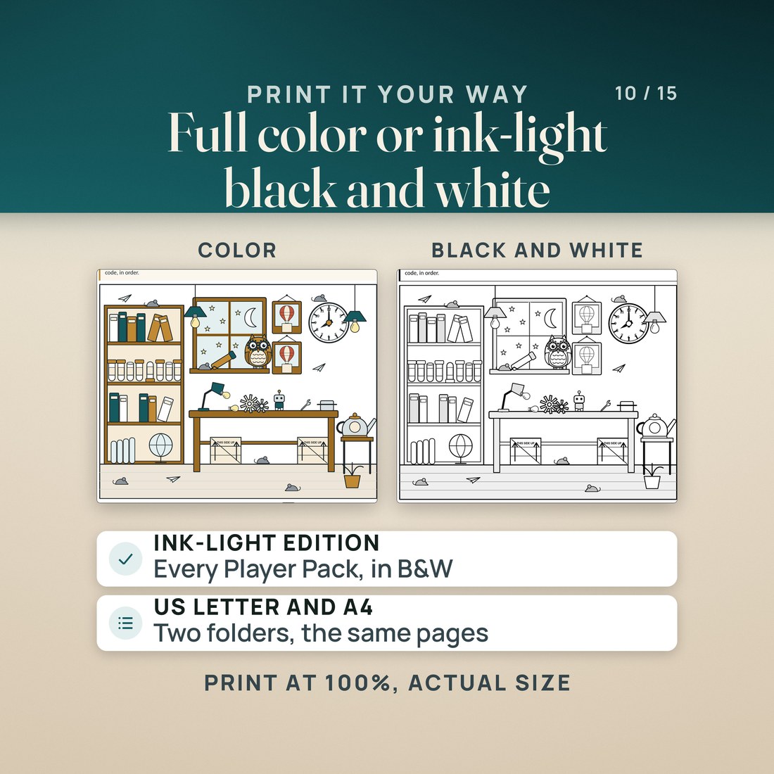 The Workshop Picture page from the Junior Player Pack in full color beside the ink-light black and white edition. Every Player Pack comes in both, in US Letter and A4 folders with identical pages. Print at 100 percent, actual size.