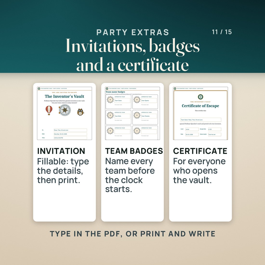 Party Extras as fillable PDFs, filled in with invented names: an invitation to The Inventor's Vault, team name badges and a Certificate of Escape. Type the details into the PDF, or print the pages and write by hand.