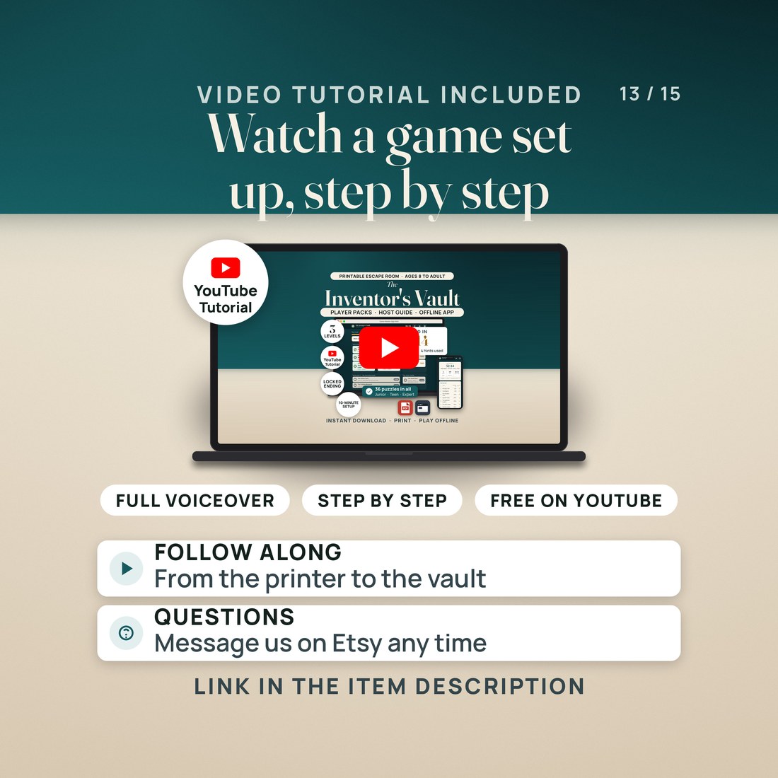 A laptop shows the YouTube tutorial thumbnail for The Inventor's Vault with a play button and a YouTube seal, and pills for full voiceover, step by step and free on YouTube. Follow along from the printer to the vault.