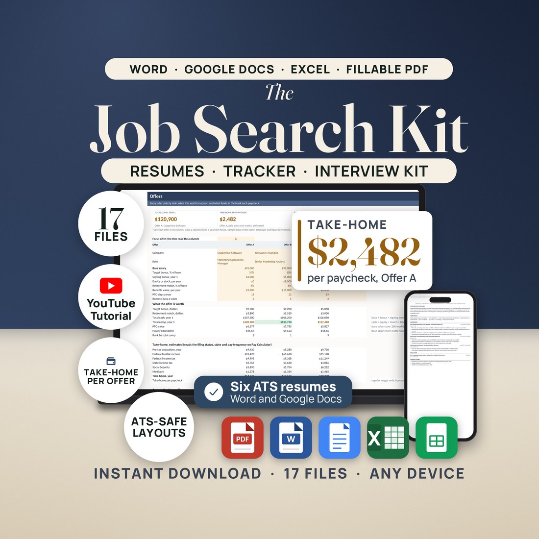 Hero image for The Job Search Kit: a laptop shows the real Offers tab of the Job Application Tracker, with a callout reading take-home $2,482 per paycheck for Offer A, and a phone shows a one-page Classic resume.