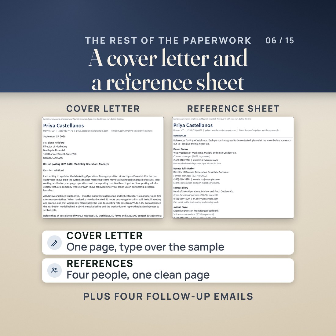 A one-page cover letter and a reference sheet with four references, both real Word pages filled with an invented sample candidate, ready to type over. Four follow-up email templates are included too.