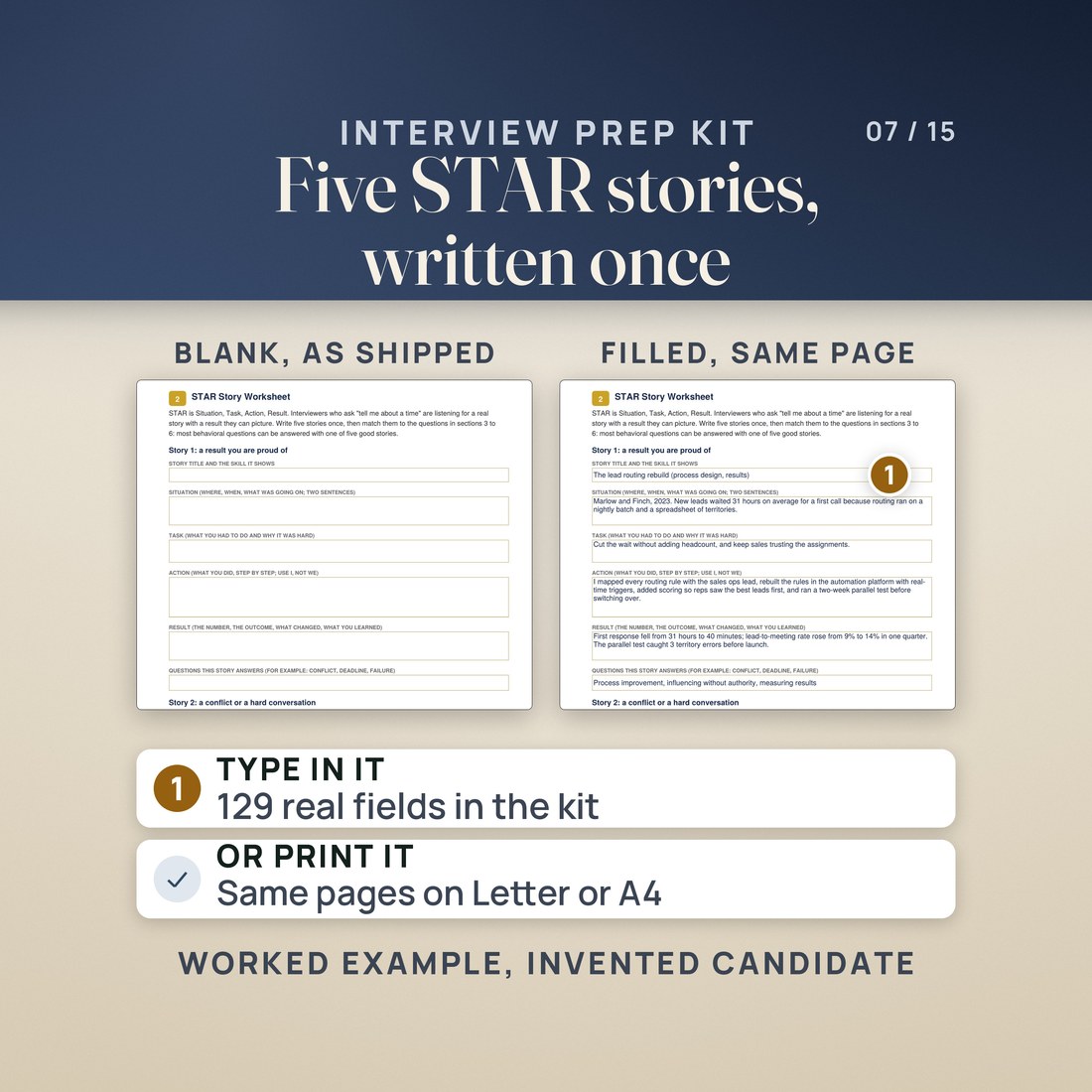 The STAR Story Worksheet from the fillable Interview Prep Kit, blank as shipped beside the same page filled with an invented worked example. The kit has 129 fillable fields and comes on US Letter and A4, or can be printed.