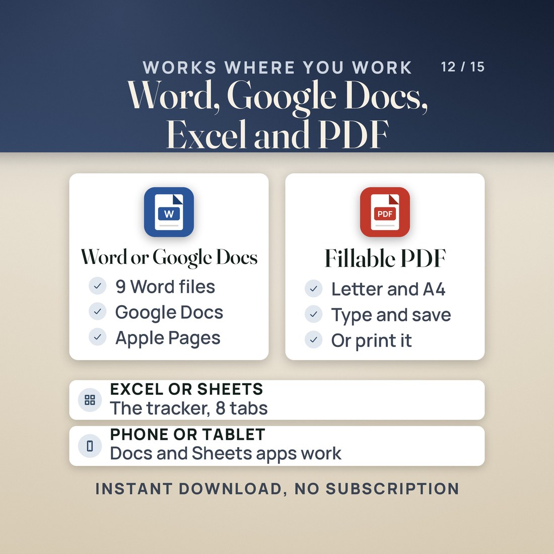 Where it works: resumes and letters in Word or Google Docs, 9 Word files that also open in Apple Pages; the Interview Prep Kit as a fillable PDF on Letter and A4 to type, save or print; the tracker in Excel or Google Sheets with 8 tabs.