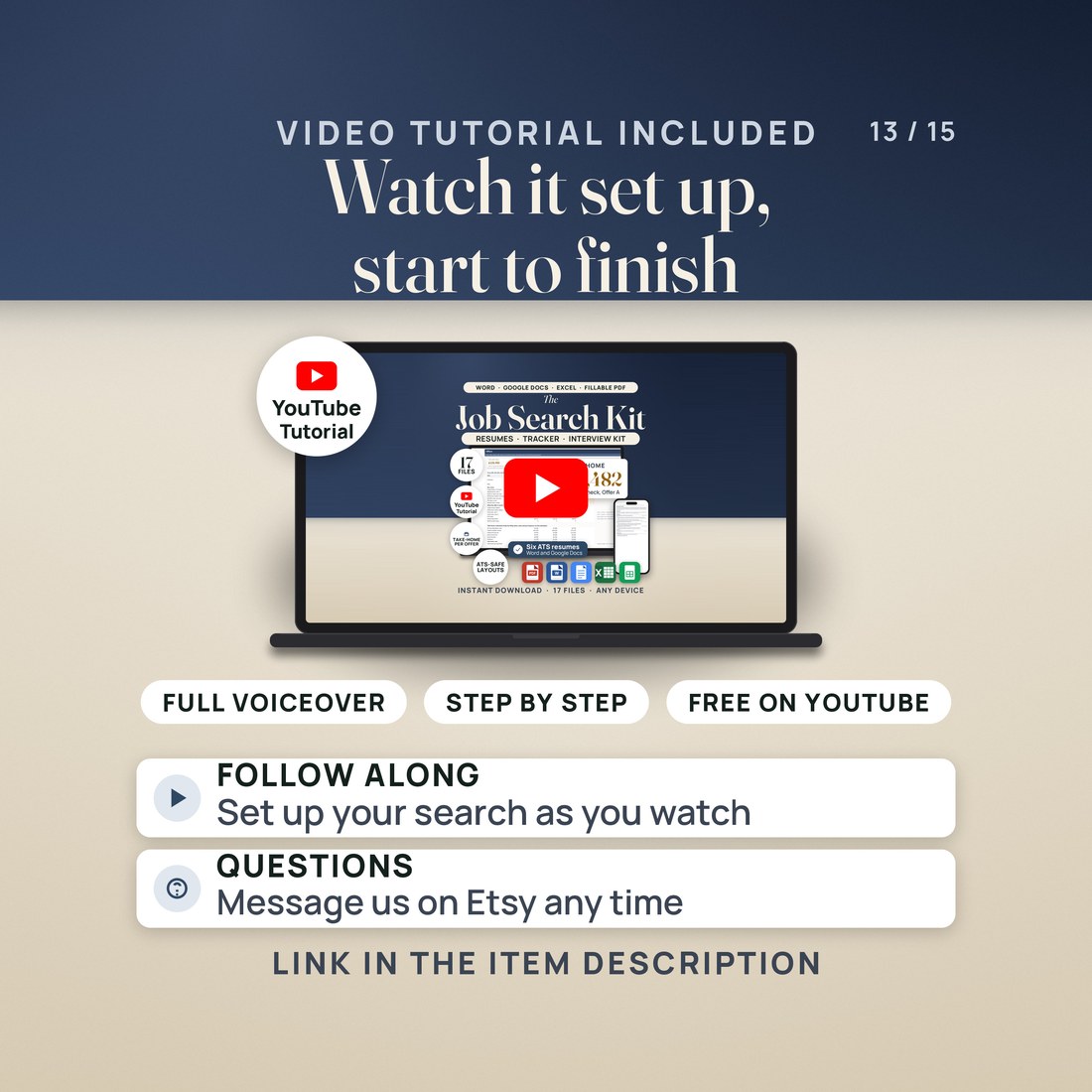 Video tutorial pane: a laptop shows the tutorial thumbnail with a play button and a YouTube seal, with pills reading full voiceover, step by step and free on YouTube. The link is in the item description.