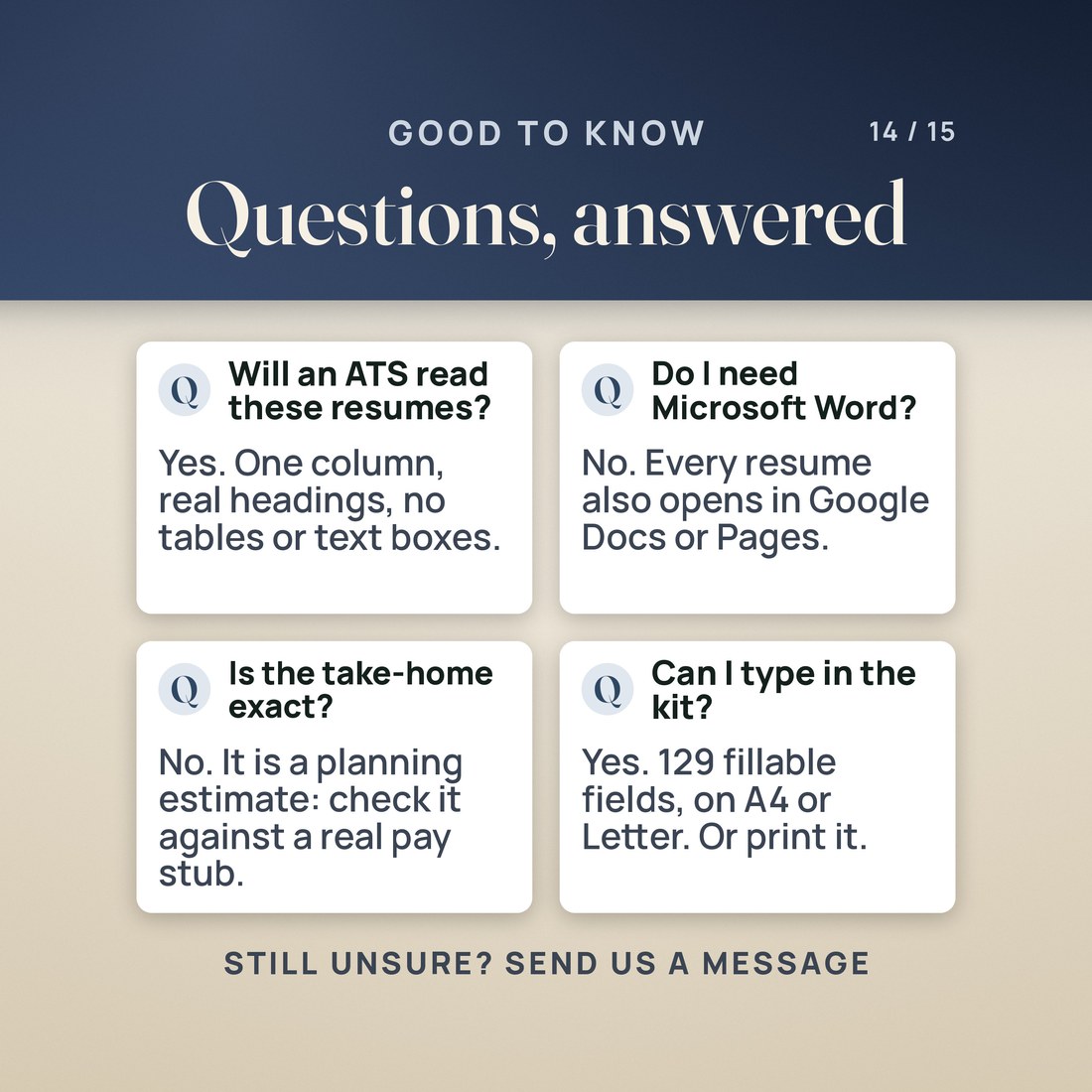 Four questions answered: the resumes are ATS-safe with one column, real headings and no tables or text boxes; Word is not required because every resume opens in Google Docs or Pages.