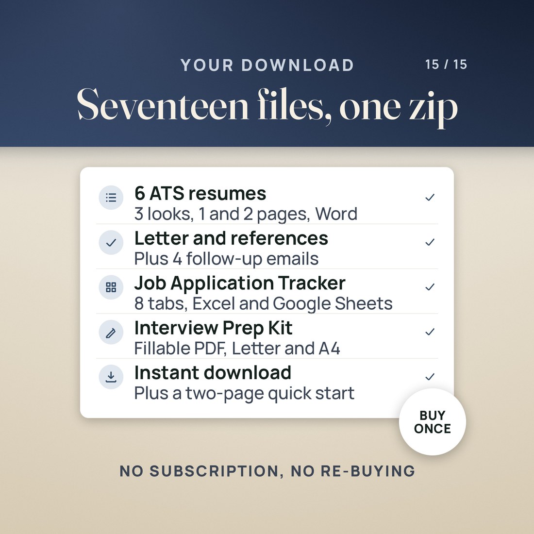 What you get: 6 ATS resumes in 3 looks, a cover letter and references with 4 follow-up emails, the Job Application Tracker with 8 tabs for Excel and Google Sheets, the fillable Interview Prep Kit on Letter and A4, and a two-page quick start.