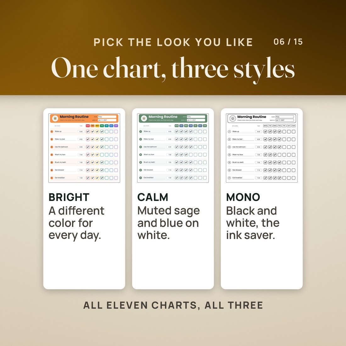 One chart, three styles: Ruby's morning routine side by side in Bright, with a different color for every day, in Calm, muted sage and blue on white, and in Mono, black and white, the ink saver.