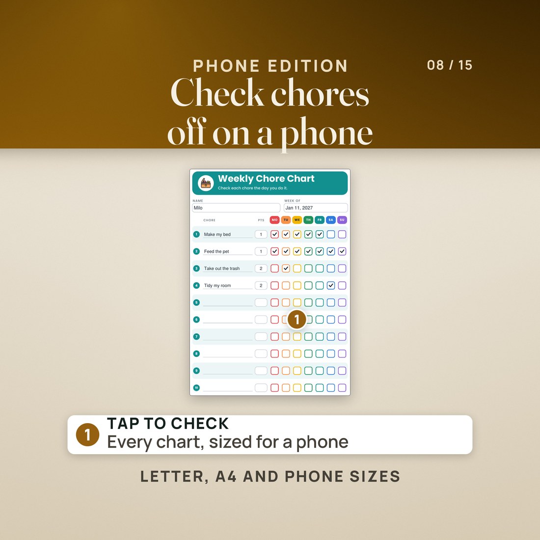 The phone edition: Milo's Bright weekly chore chart on a phone-size page, with name and week fields, day boxes from MO to SU, his four chores checked and six empty rows below. Pin 1 marks an empty row.