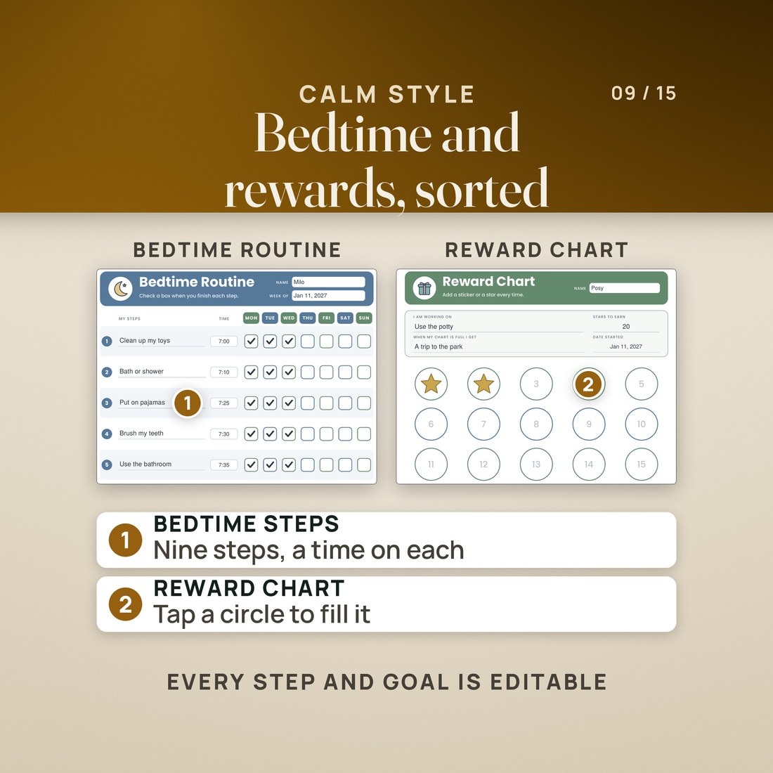 Calm style: Milo's bedtime routine, nine steps with a time on each and checks for Monday to Wednesday, beside Posy's reward chart with a goal of 20, a trip to the park and two circles filled.