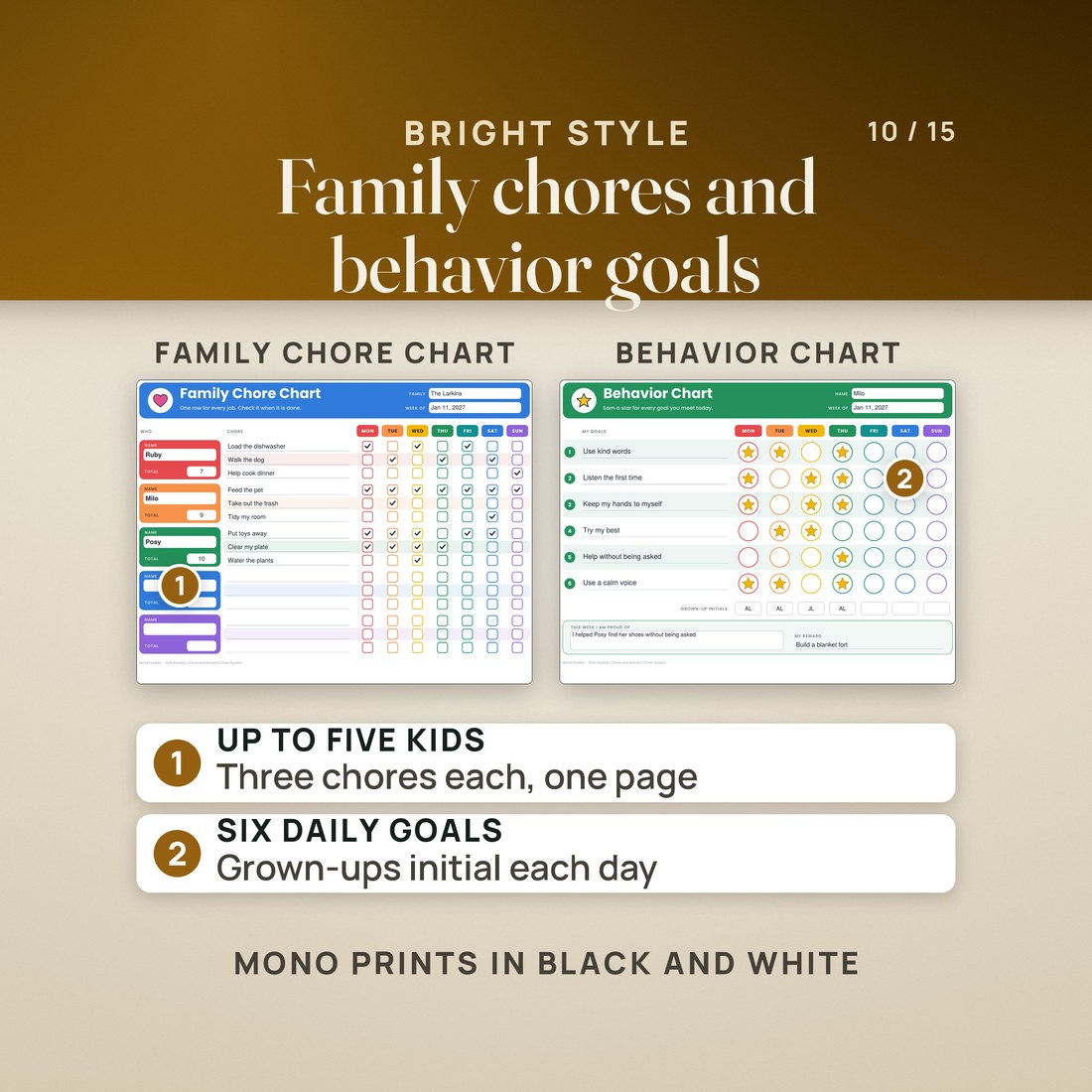 Bright style: the Larkin family chore chart, room for up to five kids, beside Milo's behavior chart with six daily goals, a circle for each day and grown-up initials. The Mono style prints in black and white.