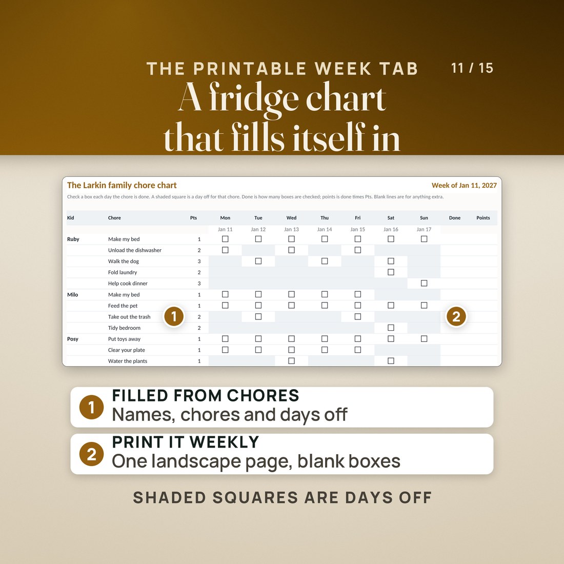 The workbook's Printable Week tab: the Larkin family chore chart for the week of Jan 11, 2027, filled from the Chores tab with each kid's chores and points, empty boxes on planned days and shaded squares on days off.