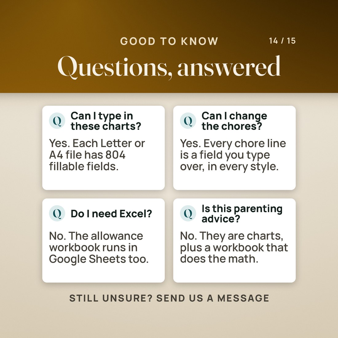 Questions, answered. Can I type in these charts? Yes, 804 fillable fields in each Letter or A4 file. Can I change the chores? Yes, every chore line is a field. Do I need Excel? No, the workbook runs in Google Sheets too.