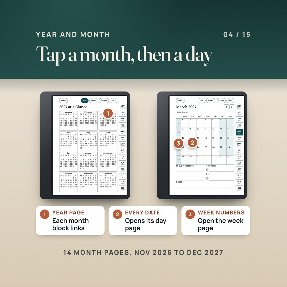 The 2027 at a Glance page beside the March 2027 month page with its habit tracker link: pins on the March block, on the 16th and on week number 11. The year links each month, the month links every date and week.