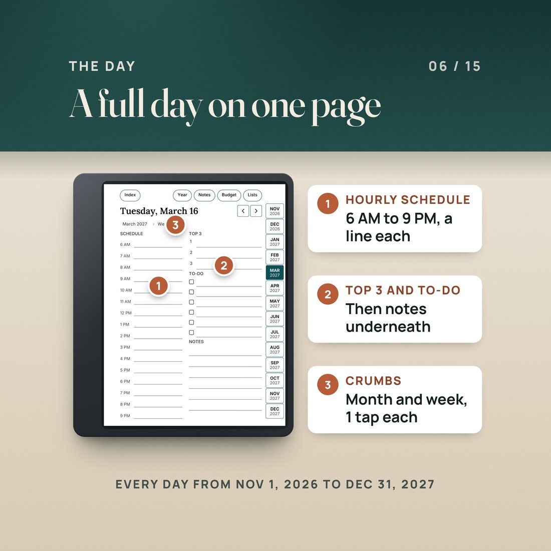 The Tuesday, March 16 day page: an hourly schedule from 6 AM to 9 PM, Top 3, to-do list and notes, with breadcrumbs back to March 2027 and Week 11. 426 day pages from Nov 1, 2026 to Dec 31, 2027.