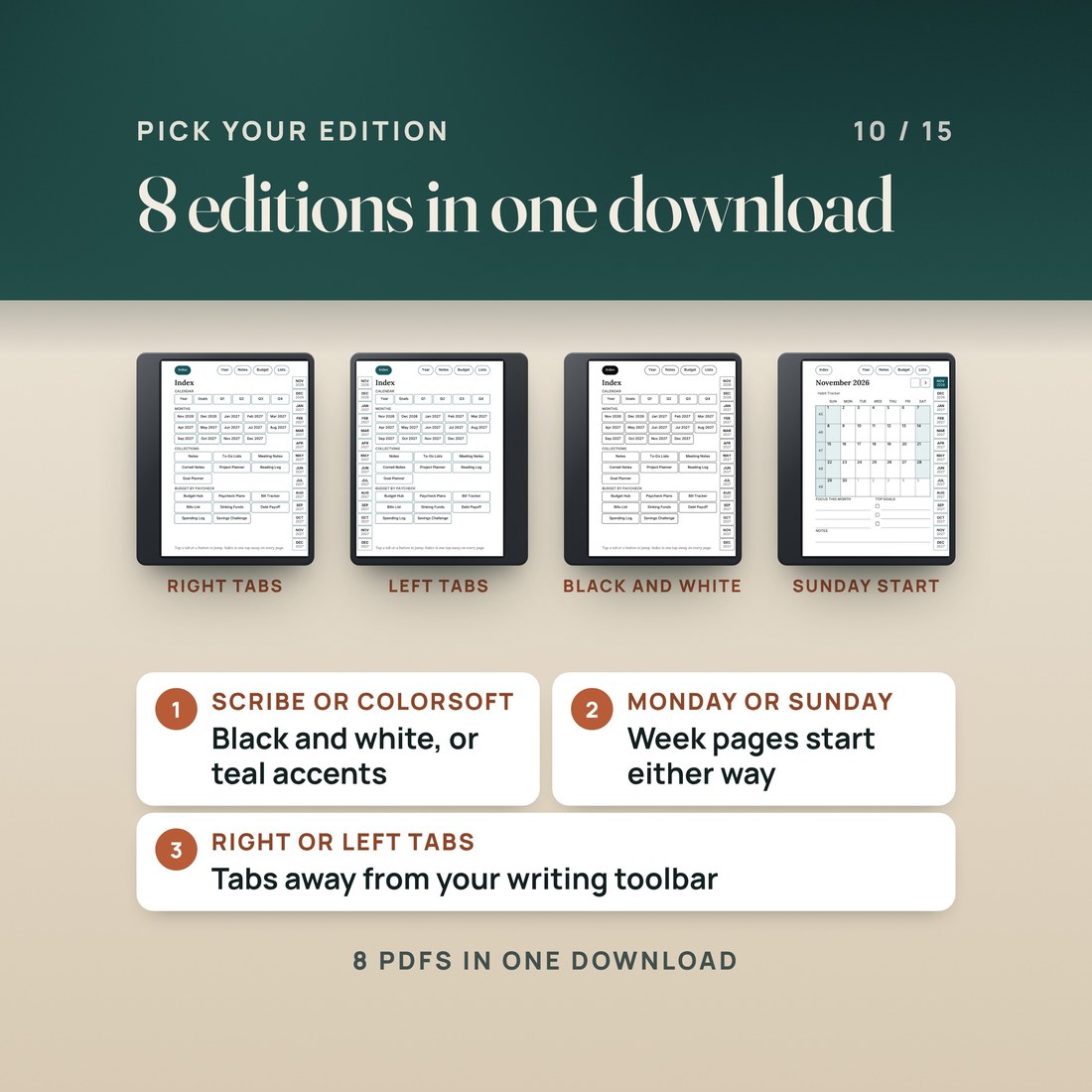 Four of the 8 editions on tablets: right-hand tabs, left-hand tabs, the black and white Index page and the Sunday-start November 2026 page. Scribe or Colorsoft, Monday or Sunday, right or left tabs: 8 PDFs in one download.